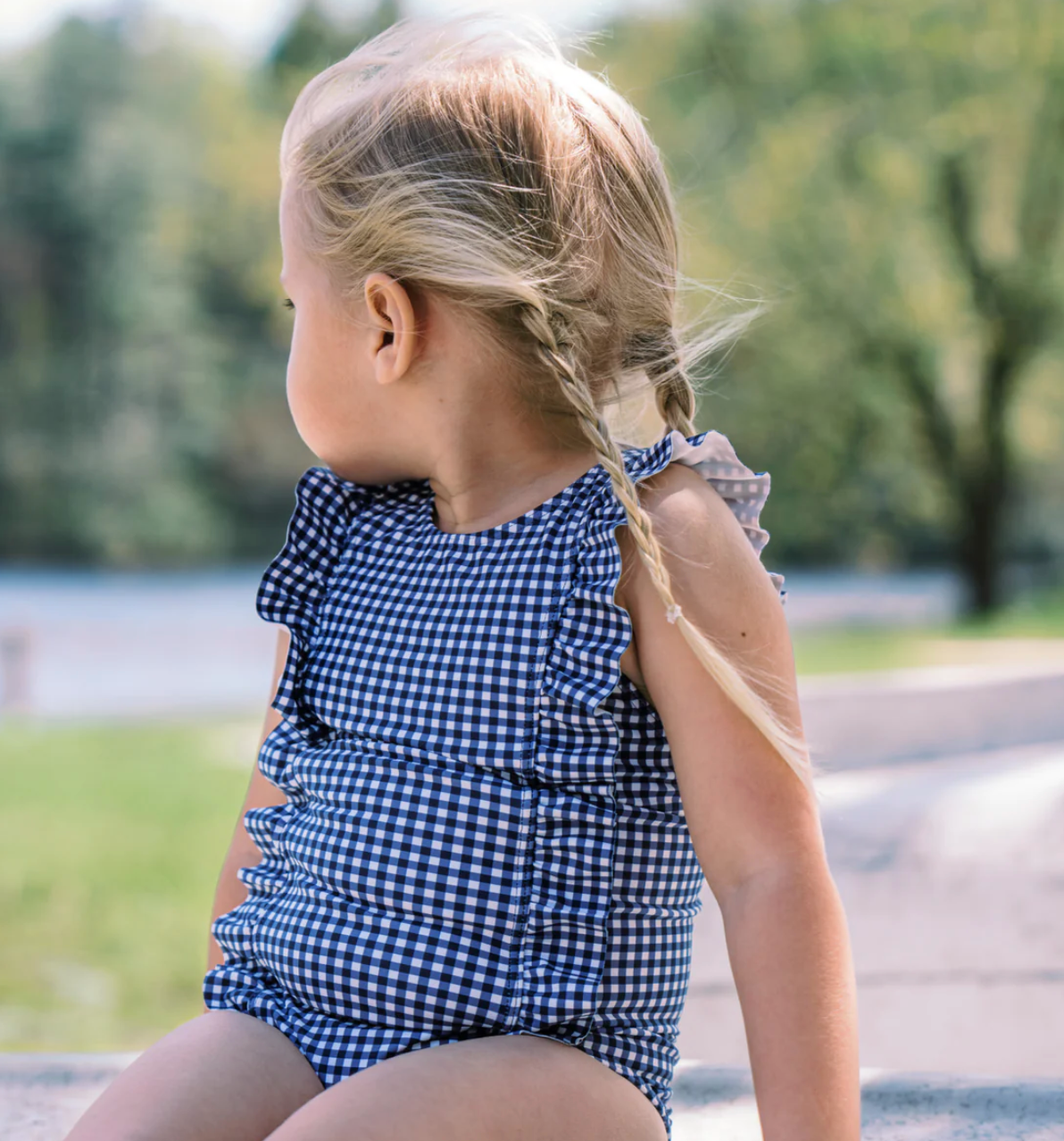 girls navy gingham tie knot bikini, minnow swim